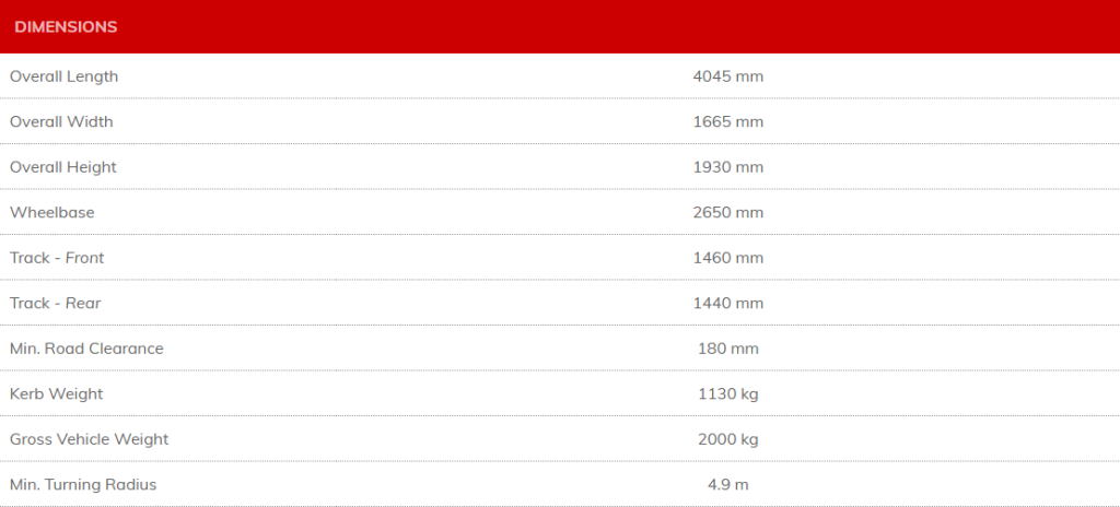 Panel Van Dimensions Specifications