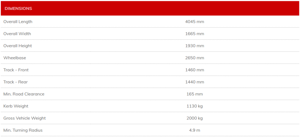 Daihatsu Semi Panel Utility Dimensions Specifications