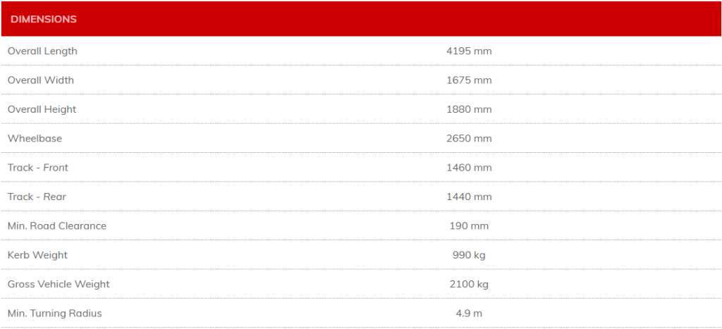 Daihatsu Utility Pickup Dimensions Specifications