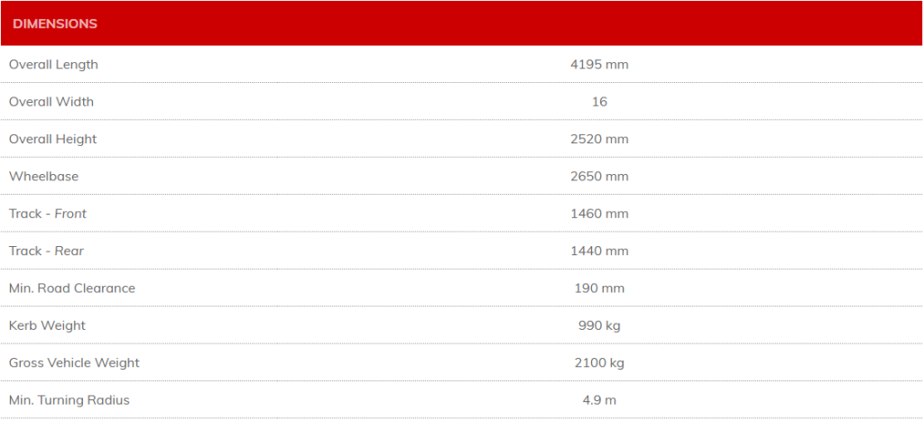 Daihatsu Luton Van Dimensions Specifications